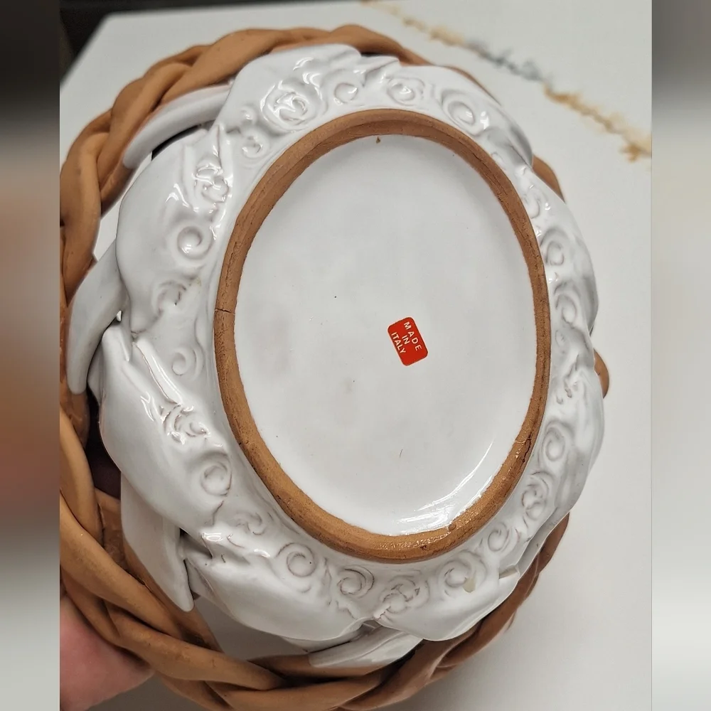 Vintage Italian Ceramic & Terracotta Charming Tan and White Woven Basket